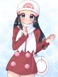  1girl bag beanie black_hair blue_eyes blush clenched_hand coat commentary_request cowboy_shot dawn_(pokemon) duffel_bag eyelashes hair_ornament hairclip hat highres index_finger_raised kurumi_iroha168 long_hair looking_at_viewer pokemon pokemon_diamond/pearl/platinum pokemon_platinum red_coat scarf sidelocks solo white_bag white_hat white_scarf zipper_pull_tab 