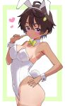  1girl absurdres alternate_costume animal_ear_hairband animal_ears black_hair bow bowtie breasts commentary_request covered_navel dark-skinned_female dark_skin detached_collar elma_(elmaillust) fake_animal_ears fake_tail finger_to_cheek food-themed_hair_ornament from_side hair_ornament hairband heart highleg highleg_leotard highres large_breasts lemon_hair_ornament leotard looking_at_viewer make_heroine_ga_oo_sugiru! playboy_bunny purple_eyes rabbit_ear_hairband rabbit_ears rabbit_tail short_hair simple_background solo strapless strapless_leotard tail tanlines two-tone_background white_wrist_cuffs wrist_cuffs yakishio_lemon yellow_bow yellow_bowtie 