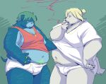  2022 anthro belly big_belly blue_body bulge canid canine clothing duo green_hair hair humanoid_hands kemono male male/male mammal navel overweight overweight_male smoking takagi_kyou underwear 