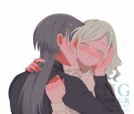  2girls black_shirt ceras_yanagida_lilienfeld closed_eyes closed_mouth collared_shirt edel_note flying_sweatdrops grey_hair hand_on_another's_face highres jewelry katsuragi_izumi long_hair love_live! love_live!_hasu_no_sora_jogakuin_school_idol_club matsui_ibuki multiple_girls parted_lips ring shirt simple_background watermark wedding_ring white_background white_shirt wolf_cut yuri 