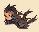  1boy artist_name black_fur black_hair blue_fur covered_eyes crossover fangs kimetsu_no_yaiba multiple_heads open_mouth pokemon pokemon_(creature) portrait scar scar_on_face shinazugawa_genya simple_background trustyalt two-tone_fur yellow_background zweilous 