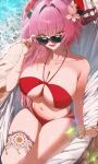  1girl absurdres bikini black_horns blue_archive breasts commentary flower hair_flower hair_intakes hair_ornament highres horns huge_breasts kokoqui_os long_hair looking_at_viewer midriff multicolored_horns navel official_alternate_costume orange_eyes pink_hair red_bikini red_horns satsuki_(blue_archive) satsuki_(swimsuit)_(blue_archive) sitting solo sunglasses swimsuit thigh_strap thighs two-tone_horns very_long_hair water 