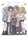  >_< ... 1boy 4girls :d ^_^ aran_sweater backpack bag black_hair black_pants black_shirt black_skirt blonde_hair blue_bag blue_jacket blunt_bangs blush brother_and_sister brown_hair brown_shorts brown_sweater cable_knit candy closed_eyes closed_mouth collared_shirt commentary_request corrupted_twitter_file crossed_arms dot_nose facing_another flying_sweatdrops food full_body gradient_hair green_eyes grey_eyes grey_hair grey_hoodie grey_jacket hands_on_another's_shoulders highres hinomori_shiho holding holding_candy holding_food holding_lollipop holding_strap hood hood_down hoodie hoshino_ichika_(project_sekai) jacket komae412 lollipop long_hair long_sidelocks long_skirt long_sleeves looking_at_another mochizuki_haru mochizuki_honami multicolored_hair multiple_girls open_clothes open_jacket open_mouth orange_sweater outstretched_arms pants pink_hair plaid_clothes plaid_shorts pleated_skirt project_sekai shirt shoes short_hair shorts siblings side_ponytail sidelocks simple_background skirt sleeveless sleeveless_sweater smile spoken_ellipsis standing sweater swept_bangs tenma_saki translation_request twintails two-tone_hair vertical-striped_sweater watermark white_background white_shirt 