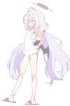  1girl absurdly_long_hair absurdres bare_legs black_halo blue_archive commentary_request cosplay demon_girl demon_wings frilled_one-piece_swimsuit frills grey_hair halo hands_on_own_hips highres hina_(blue_archive) kisaki_(blue_archive) kisaki_(blue_archive)_(cosplay) kisaki_(kindergarten_swimsuit)_(blue_archive) korean_commentary long_hair long_sleeves low_twintails multicolored_hair one-piece_swimsuit pink_sleeves purple_eyes purple_hair s10021 sandals simple_background solo swimsuit toes twintails two-tone_hair very_long_hair white_background white_one-piece_swimsuit wings 