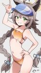  1girl absurdres animal_ears bare_shoulders belly bikini blue_archive bracelet braid brown_hair commentary_request cowboy_shot fox_ears fox_girl fox_shadow_puppet green_eyes hair_tie halo hand_on_own_hip highres jewelry long_hair low_twin_braids navel orange_bikini otogi_(blue_archive) otogi_(c108_swimsuit)_(blue_archive) saabyboi simple_background smile solo swimsuit twin_braids visor_cap yellow_halo 
