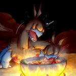  black_fur blue_fur commentary cooking_pot covered_eyes eating english_commentary fangs fire heart multiple_heads night no_humans outdoors poke-poke-poke pokemon pokemon_(creature) solo two-tone_fur zweilous 