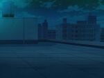  aqua_theme blue_theme building chain-link_fence city cityscape cloud cloudy_sky divine_heart_makina fence game_asset monochrome night no_humans non-web_source official_art outdoors rooftop scenery school self-datamine sky skyline skyscraper star_(sky) starry_sky tile_floor tiles visual_novel_cg 