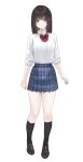  1girl absurdres black_shoes black_socks blue_skirt bow breasts brown_eyes brown_hair closed_mouth collared_shirt diagonal-striped_bow dress_shirt full_body highres loafers looking_at_viewer original plaid_clothes plaid_skirt pleated_skirt red_bow rerrere school_uniform shirt shoes simple_background skirt small_breasts smile socks solo standing striped_bow white_background white_shirt 