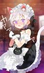  1boy ahoge animal_ear_fluff animal_ears apron bar_(place) black_choker black_skirt blurry blurry_background blush cat_boy cat_choker cat_ears cat_tail choker cocked_eyebrow commentary cowboy_shot crossdressing crossdressing_(mtf) depth_of_field detached_sleeves embarrassed empty_eyes frilled_skirt frills full-face_blush gloves grey_hair halftone halftone_outline highres holding holding_tray indoors lifted_by_tail maid maid_headdress male_focus male_maid marui_shiro nervous_sweating original outline pantyhose puffy_detached_sleeves puffy_short_sleeves puffy_sleeves purple_eyes short_hair short_sleeves skirt solo sweat tail trap tray very_sweaty waist_apron white_apron white_gloves white_pantyhose white_skirt 