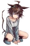  1girl animal_ears baggy_clothes black_socks black_tank_top blue_eyes breasts brown_hair closed_mouth commentary_request dress full_body grey_dress grey_streaks hair_ornament hair_over_one_eye horse_ears horse_girl horse_tail long_sleeves loose_socks medium_breasts multicolored_hair rulership_(casual)_(umamusume) rulership_(umamusume) shoes short_hair simple_background single_bare_shoulder socks solo squatting streaked_hair tail tank_top torn_clothes torn_dress umamusume white_background yanagi_wakana 