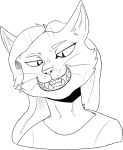  absurd_res ambiguous_gender anthro black_and_white bust_portrait cheek_tuft clothing eyebrows facial_tuft fangs front_view grin hi_res imperatorcaesar looking_at_viewer monochrome narrowed_eyes portrait simple_background smile solo topwear tuft 