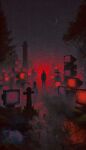  1other absurdres ambiguous_gender black_sky commentary crescent_moon crt english_commentary graveyard highres horror_(theme) monochrome moon night original outdoors photonisdead red_theme silhouette sky standing television tombstone tree wide_shot 