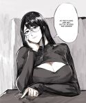  1girl black_eyes black_sweater breasts cleavage cleavage_cutout clothing_cutout english_text hand_on_own_cheek hand_on_own_face head_tilt highres kamishiro_rize large_breasts long_hair looking_at_viewer pointing smile solo speech_bubble sweater tokyo_ghoul yourfreakyneighbourh 