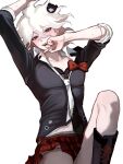  1boy absurdres black_bra blush bra commentary_request cosplay crossdressing crossdressing_(mtf) danganronpa:_trigger_happy_havoc danganronpa_(series) danganronpa_2:_goodbye_despair enoshima_junko enoshima_junko_(cosplay) ffdei2i highres komaeda_nagito korean_commentary long_sleeves looking_at_viewer necktie open_mouth pleated_skirt red_skirt simple_background skirt solo underwear wavy_hair white_background white_hair white_necktie 