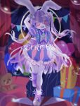  1girl :d animal_ear_fluff animal_ears arm_up balloon blue_tongue blunt_bangs bow box circus colored_tongue commentary_request curtains footwear_bow frilled_skirt frills full_body furry furry_female gift gift_box grey_fur highres long_hair looking_at_viewer meg_(115meg) multicolored_hair open_mouth original pink_bow pink_hair pink_skirt purple_hair purple_shirt purple_shoes purple_skirt rabbit_ears rabbit_girl red_eyes shirt shoes short_sleeves skirt smile solo standing streamers striped_clothes striped_shirt striped_skirt stuffed_animal stuffed_toy sunburst teddy_bear two-tone_hair two-tone_skirt two_side_up vertical-striped_clothes vertical-striped_shirt vertical-striped_skirt very_long_hair 