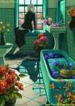  1girl artist_name barefoot bath bathroom black_dress blue_flower bucket closed_mouth commentary_request dahlia dated dress flower flower_on_liquid flower_pot flower_request full_body gentiana_(flower) grey_hair hair_over_thigh highres hyperbencher indoors instagram_username light_smile long_dress long_hair long_sleeves looking_to_the_side mirror orange_eyes orange_flower original plant plant_request potted_plant puddle purple_flower red_flower red_rose reflection rose scenery sink sitting sitting_in_window skeb_username solo spill tile_floor tiles toilet twitter_username vase very_long_hair washbowl water window windowsill wooden_bucket yellow_flower 