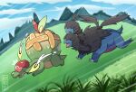  absurdres appletun artist_name black_fur blue_fur chasing claws covered_eyes crying day fangs grass highres meadow multiple_heads no_humans open_mouth outdoors pokemon pokemon_(creature) running rynukiart tail two-tone_fur zweilous 