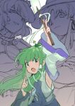  3girls :o ^^^ absurdres arm_up armpits blue_trim breasts closed_mouth collared_shirt commentary_request crossed_arms detached_sleeves frog_hair_ornament gohei green_eyes green_hair hair_ornament hair_ribbon hair_tubes hand_up hat highres holding holding_gohei kochiya_sanae long_hair long_sleeves looking_at_viewer medium_breasts mirror moriya_family_(touhou) moriya_suwako multiple_girls namewanoketsu nontraditional_miko one-hour_drawing_challenge open_mouth parted_lips ribbon rope shimenawa shirt short_hair simple_background single_hair_tube sleeveless sleeveless_shirt smile snake_hair_ornament split_mouth star_(symbol) touhou tress_ribbon v-shaped_eyebrows white_background white_shirt wide_sleeves yasaka_kanako 