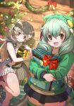  2girls :3 :d anaconda anaconda_(kemono_friends) animal bell black_hair black_streaks blonde_hair boomslang_(kemono_friends) bow christmas christmas_present christmas_tree closed_mouth commentary_request creature_and_personification crop_top double-parted_bangs furrowed_brow gift green_hair green_hoodie grey_hair grey_hoodie happy hood hood_down hoodie hugging_doll hugging_object indoors jingle_bell kemono_friends kemono_friends_3 looking_at_viewer looking_to_the_side multicolored_hair multiple_girls official_art open_mouth orange_eyes orange_hair personification pleated_skirt red_bow red_ribbon ribbon skirt slit_pupils smile snake snake_girl snake_tail spotted_tail star_(symbol) streaked_hair striped_clothes striped_tail stuffed_animal stuffed_snake stuffed_toy tail tanotuti_05 thighhighs wooden_wall yellow_bow yellow_ribbon 