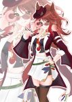  1girl animal_ears black_shorts black_thighhighs bracelet breasts brown_hair chain_necktie choker closed_mouth commentary_request donut ears_through_headwear fedora food forever_young_(racing)_(umamusume) forever_young_(umamusume) green_choker green_eyes hat highres holding holding_donut holding_food horse_ears horse_girl horse_tail jacket jewelry long_hair looking_at_viewer medium_breasts multicolored_hair necktie purple-tinted_eyewear red-tinted_eyewear red_jacket red_streaks shirt shorts shorts_under_skirt skirt smile streaked_hair sunglasses tail thighhighs tinted_eyewear tongue tongue_out umamusume white_necktie white_skirt white_streaks xcua4574 zoom_layer 