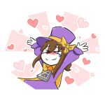  >_< 1girl a_hat_in_time arms_up blush border bow brown_hair cape child closed_eyes closed_mouth colored_skin commentary english_commentary facing_viewer hair_between_eyes hat hat_bow hat_kid hat_ribbon heart jacket long_sleeves nose_blush open_hands outline purple_hat purple_jacket ribbon smile softum solo split_mouth sticker_(medium) tearing_up top_hat transparent_border upper_body white_outline white_skin yellow_bow yellow_cape yellow_ribbon zipper_pull_tab 