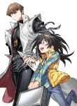  2boys belt black_hair black_pants black_shirt blue_eyes blue_pants blue_shirt briefcase brothers brown_hair card_pendant coat hand_on_own_hip holding holding_briefcase kaiba_mokuba kaiba_seto long_sleeves male_focus metal_wrist_cuffs moemoenomori multiple_boys open_mouth pants purple_eyes shirt shoes short_hair siblings simple_background sleeveless sleeveless_coat smile striped_clothes striped_shirt vest white_background white_coat yellow_vest yu-gi-oh! yu-gi-oh!_duel_monsters 