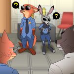  2022 anthro barefoot blue_clothing blue_shirt blue_topwear blurred_background breasts canid canine canis clothed clothing crossover daimo diane_foxington disney dreamworks ears_up eyewear feet female fox fully_clothed fur glasses grey_body grey_fur group hands_in_both_pockets hands_on_hips hi_res judy_hopps lagomorph leporid mammal mr._wolf_(the_bad_guys) necktie nick_wilde orange_body orange_fur police police_badge police_officer police_uniform question_mark rabbit shirt sunglasses the_bad_guys topwear uniform wolf zootopia 