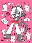  1girl animal black_sclera blue_archive cat closed_mouth colored_sclera denkiusagi ear_piercing grey_hair grey_hoodie grey_shoes grey_wings halo heart hood hood_down hoodie horns kayoko_(blue_archive) loafers low_wings multicolored_hair piercing pink_background pleated_skirt ponytail red_skirt shoes simple_background single_wing skirt solo sparkle two-tone_hair white_cat white_hair wings yarn yarn_ball 