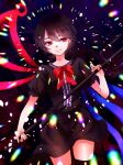  1girl absurdres asymmetrical_wings black_dress black_hair black_thighhighs blue_wings bow bowtie chromatic_aberration closed_mouth commentary_request dress hair_between_eyes highres holding holding_polearm holding_weapon houjuu_nue ikth00nm looking_at_viewer polearm puffy_short_sleeves puffy_sleeves red_bow red_bowtie red_eyes red_wings short_sleeves smile snake solo thighhighs touhou trident weapon wings 