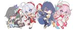 4girls ahoge beret black_bodysuit black_dress blue_eyes blue_kimono bodysuit chibi chibi_only commentary_request dress elf elysia_(hi_love_elf)_(honkai_impact) elysia_(honkai_impact) grey_hair hat high_ponytail highres holding holding_polearm holding_weapon honkai_(series) honkai_impact_3rd japanese_clothes kiana_kaslana kiana_kaslana_(ba-dum!_fiery_wishing_star) kimono long_hair looking_at_viewer multiple_girls niwa_x_4_torigairu pink_hair pointy_ears polearm ponytail purple_eyes purple_hair raiden_mei raiden_mei_(xentinel:_dawnbearing_crescent) simple_background smile very_long_hair vita_(honkai_impact) vita_(lone_planetfarer)_(honkai_impact) weapon white_background white_dress white_hair 