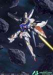  amasaki_yusuke arm_shield assault_visor asteroid beam_rifle blurry blurry_background commentary_request company_name copyright_logo copyright_name copyright_notice directed-energy_weapon energy_gun energy_sword green_assault_visor gun gundam gundam_age gundam_arsenal_base gundam_legilis holding holding_energy_gun holding_gun holding_weapon logo looking_at_viewer mecha mecha_focus mobile_suit no_humans official_art robot science_fiction solo space sword v-fin weapon zero_gravity 