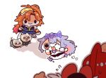  4girls absurdres ahoge akanbe animal_ears commentary elizabeth_rose_bloodflame eyelid_pull fuwawa_abyssgard fuwawa_abyssgard_(dog) goggles goggles_on_head hair_flaps hairband hakos_baelz highres hololive hololive_english hyakuto_kyoko koseki_bijou koseki_bijou_(1st_costume) leash long_hair megaphone mochigome_(h0_pj) mococo_abyssgard mococo_abyssgard_(dog) mole mole_under_eye mouse_ears multiple_girls necktie orange_hair ponytail purple_hair red_hair tongue tongue_out untranslatable_commentary 