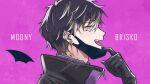  1boy bangs black_gloves black_hair black_jacket character_name dark_persona ear_piercing gloves highres jacket looking_back male_focus mask_pull nijisanji nijisanji_en open_mouth piercing smile solo sonny_brisko szainx vampire_(vocaloid) virtual_youtuber 