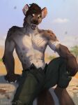  abs anthro barefoot bottomwear bulge clothed clothing digital_media_(artwork) feet fingers fur hair hi_res hyaenid looking_at_viewer lynncore male mammal open_mouth outside pecs pubes pubes_exposed scar shirt sitting smile solo spotted_hyena tongue topless topless_anthro topless_male topwear unbuttoned unbuttoned_shirt 