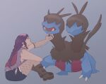  1girl black_fur blue_fur boots brown_boots claws commentary commission covered_eyes english_commentary fangs fingerless_gloves fishnet_gloves fishnet_pantyhose fishnets gloves grey_background highres long_hair multiple_heads open_mouth pantyhose pokemon pokemon_(creature) purple_hair purple_shirt shirt short_shorts shorts simple_background sitting sleeveless sleeveless_shirt sunnyphantic two-tone_fur zweilous 