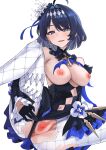  1girl absurdres ahoge anus bare_shoulders black_gloves blue_bow blue_eyes blue_hair blush bow breasts censored cleavage clothing_cutout commentary_request commission cross cross_earrings dolores_(ac8231) earrings feet_out_of_frame flower gloves hair_flower hair_ornament half-closed_eyes hcz_n highres jewelry large_breasts looking_at_viewer mosaic_censoring navel navel_cutout nipples original pantyhose parted_lips pussy short_hair simple_background skeb_commission solo spread_legs torn_clothes torn_pantyhose white_background white_flower white_pantyhose 