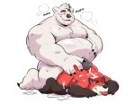  2022 anthro belly big_belly blush bodily_fluids canid canine cum duo fox genital_fluids genitals hi_res humanoid_hands male mammal overweight overweight_male penis polar_bear sex smashbeaw tongue tongue_out ursid ursine white_body 