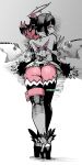  1girl against_wall ass bare_shoulders black_hair black_sleeves black_thighhighs colored_inner_hair commentary crossed_legs detached_sleeves dress full_body halo hand_on_wall high_heel_sandals high_heels highres looking_at_viewer looking_back multicolored_hair nangong_yu open_clothes otimusyairoha pink_eyes pink_hair pink_shorts sandals scar scar_on_back short_twintails shorts solo spot_color standing thigh_strap thighhighs twintails twitter_username two-tone_hair watson_cross white_dress wings zenless_zone_zero 