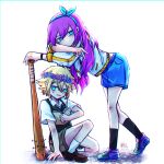  1boy 1girl antenna_hair arm_support aubrey_(faraway)_(omori) aubrey_(omori) baseball_bat basil_(faraway)_(omori) basil_(omori) black_socks blonde_hair blue_eyes blue_hairband blue_skirt book brown_shoes brown_shorts closed_mouth collared_shirt commentary_request denim denim_skirt derivative_work double-parted_bangs flower flower_wreath green_sweater_vest hair_between_eyes hairband head_wreath holding holding_baseball_bat holding_book invisible_floor jacket leaning_forward long_hair long_sleeves looking_at_viewer nail_(hardware) nail_bat omori open_book open_clothes open_jacket parted_lips pink_hair sakakien shirt shoes short_hair short_sleeves shorts sidelocks simple_background sitting skirt sneakers socks standing sweater_vest v white_background white_jacket white_shirt white_socks 