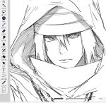  1boy art_program_in_frame closed_mouth greyscale hair_between_eyes highres hood hood_up looking_at_viewer male_focus monochrome naruto:_the_last naruto_(series) ringed_eyes rinnegan sharingan short_hair simple_background solo sso_s uchiha_sasuke white_background 