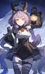  1girl absurdres arknights arknights:_endfield arm_up bare_shoulders black_gloves black_horns black_shorts black_sleeves book boots breasts chinese_commentary commentary_request detached_sleeves gloves grey_tail high-waist_shorts highres holding holding_book holding_lantern horns lantern long_hair long_sleeves night outdoors parted_lips partial_commentary pink_eyes purple_hair shirt shorts showgirl_skirt sleeveless sleeveless_shirt solo star_(sky) tail thigh_boots typhoeus_(arknights) typhon_(arknights) very_long_hair white_boots yin_lan- 