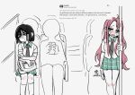 2girls alien_stage an_sin anakt_arts_high_school_uniform_(fading_youth) black_hair bob_cut commentary hair_between_eyes highres looking_at_viewer mizi_(alien_stage) mizi_(zombie_stage) multiple_girls necktie pink_hair purple_eyes school_uniform short_hair sitting skirt standing sua_(alien_stage) sua_(zombie_stage) tears yellow_eyes zombie_stage 