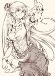  1girl absurdres akino_tsuki bangs bow clenched_hand closed_mouth collarbone collared_shirt commentary_request cowboy_shot fujiwara_no_mokou hair_bow highres long_hair looking_at_viewer monochrome ofuda ofuda_on_clothes pants partial_commentary red_eyes sepia shirt sidelocks simple_background solo spot_color suspenders torn_clothes torn_sleeves touhou very_long_hair wing_collar wrist_cuffs 