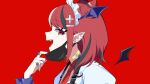  1girl artist_request bandaid bandaid_on_neck bat_wings black_hair black_mask commentary_request cone_hair_bun detached_wings double_bun ear_piercing fangs from_side hair_bun hair_ornament hairclip head_wings jewelry looking_at_viewer maid_headdress mask mask_pull medium_hair mole mole_under_eye mouth_mask multicolored_hair necktie official_art open_mouth piercing profile red_background red_eyes red_hair red_necktie ring shirt simple_background solo teeth upper_body upper_teeth_only vampire vampire_(vocaloid) virtual_youtuber white_hair white_shirt wings yamiyo_mea zonchuu_zombie_jk_wa_game_haishinchuu 