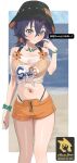  1girl absurdres bare_shoulders beach belle_(summer_skies)_(zenless_zone_zero) belle_(zenless_zone_zero) bikini bikini_shorts bikini_top_under_shirt bikini_under_clothes black_hair black_hat black_nails border bracelet breasts bucket_hat closed_mouth commentary_request crossed_bangs feet_out_of_frame finger_to_cheek green_eyes hair_between_eyes hair_ornament hat highres jewelry light_blush looking_at_viewer medium_breasts midriff naa_onn navel necklace official_alternate_costume orange_bikini orange_shorts outside_border see-through_clothes see-through_shirt shirt short_hair short_shorts shorts solo speech_bubble swimsuit tied_shirt translated white_border zenless_zone_zero 