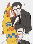  1boy 1girl ? animal_ears black-framed_eyewear black_hair black_jacket black_necktie brown_eyes brown_hair closed_mouth collared_shirt commentary_request cropped_torso dicta_striker_(umamusume) ears_through_headwear glasses grey_background grey_hair grey_shirt hetero highres ho_1000_ka hood hood_up hooded_jacket horse_ears horse_girl horse_tail jacket kouchi_tadashi multicolored_hair necktie opaque_glasses over-rim_eyewear semi-rimless_eyewear shirt simple_background streaked_hair striped_clothes striped_shirt tail thick_eyebrows umamusume umamusume:_cinderella_gray vertical-striped_clothes vertical-striped_shirt yellow_jacket 