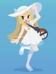  absurdres alt_text artist_name bag blonde_hair blue_background blue_shoes blush braid commentary dress duffel_bag english_commentary green_eyes hat highres lillie_(pokemon) mydearvelvie no_lineart poke_ball_print pokemon pokemon_sun_and_moon shadow shoes shoulder_bag simple_background sleeveless sleeveless_dress socks sun_hat sundress twin_braids white_hat white_socks 