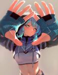  1girl absurdres aqua_eyes aqua_hair arms_up blue_hoodie blurry blush breasts closed_mouth crop_top cropped_hoodie depth_of_field dochae drawstring expressionless grey_background head_tilt high_collar highleg highres hood hoodie long_sleeves looking_at_viewer medium_breasts medium_hair midriff navel original outstretched_arms panty_straps shirt simple_background solo stomach upper_body viewfinder white_shirt 