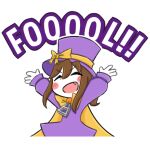  1girl a_hat_in_time arms_up blush_stickers bow brown_hair cape child closed_eyes colored_skin commentary english_commentary english_text hat hat_bow hat_kid hat_ribbon jacket long_hair long_sleeves open_hands outline ponytail purple_hat purple_jacket ribbon sidelocks simple_background softum solo sticker_(medium) top_hat transparent_background upper_body white_outline white_skin yellow_bow yellow_cape yellow_ribbon zipper_pull_tab 