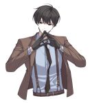  1boy black_gloves black_hair black_necktie blue_shirt brown_jacket collared_shirt commentary dreaming_nozomu gloves jacket kim_dokja long_sleeves looking_to_the_side male_focus necktie omniscient_reader's_viewpoint open_clothes open_jacket shirt short_hair simple_background smirk solo steepled_fingers suit_jacket 